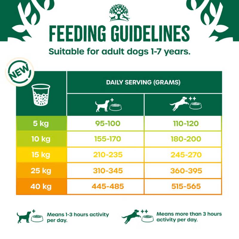 James Wellbeloved Lamb & Veg Senior feeding chart: adult serving sizes by weight and activity (g).