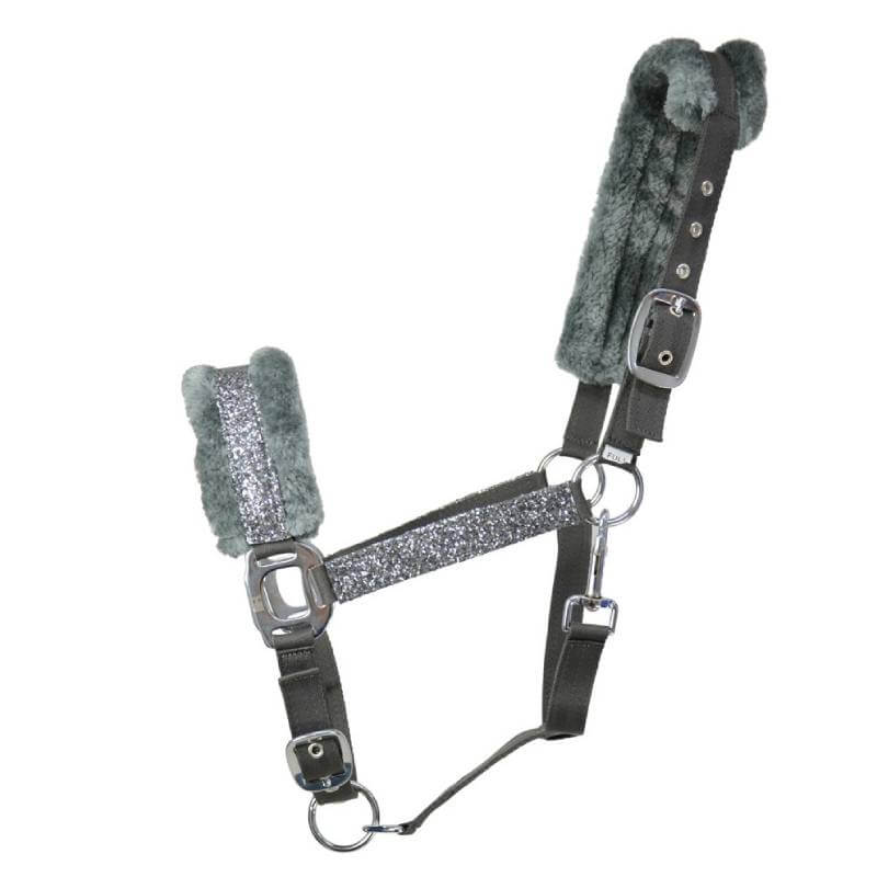 Hy Dazzle Headcollar by Hy: Gray with faux fur and glittery silver star detail on noseband.