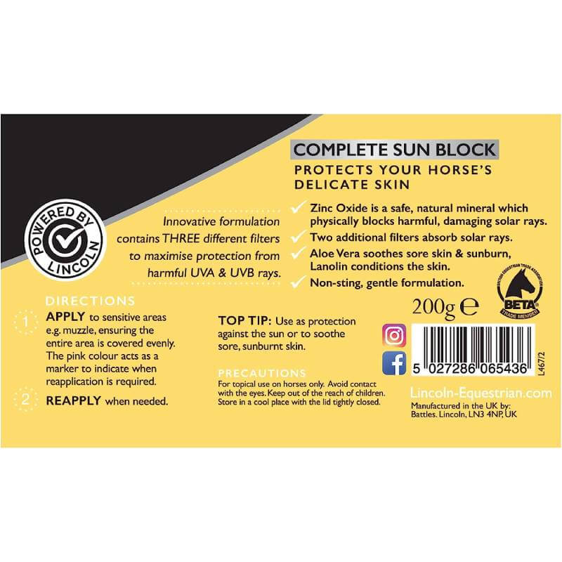 A yellow and black 200g Lincoln Sun Bloc sunscreen container for horses with UV protection.