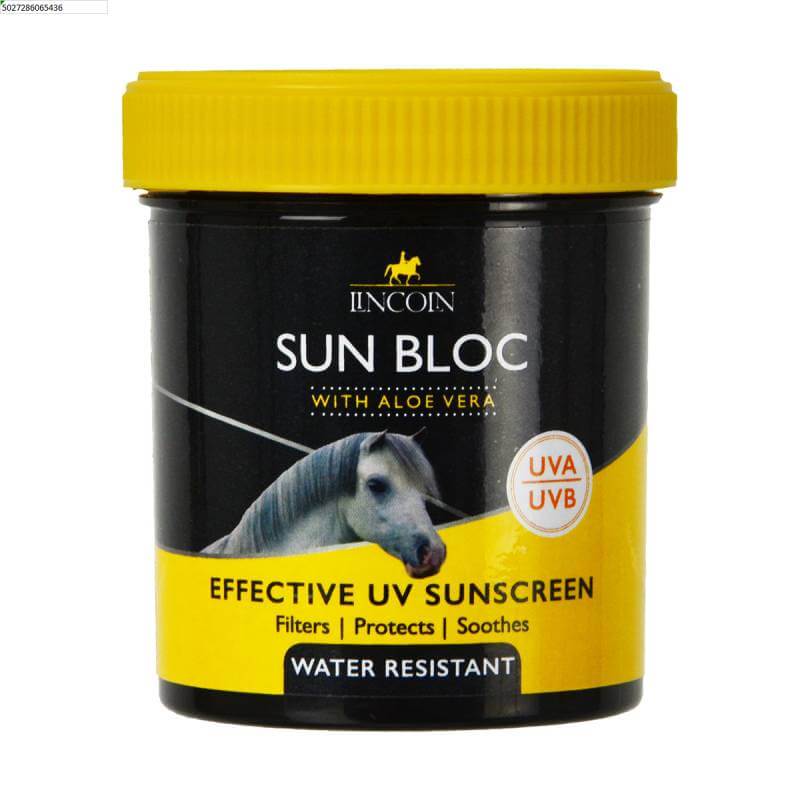 A yellow and black 200g Lincoln Sun Bloc sunscreen container for horses with UV protection.