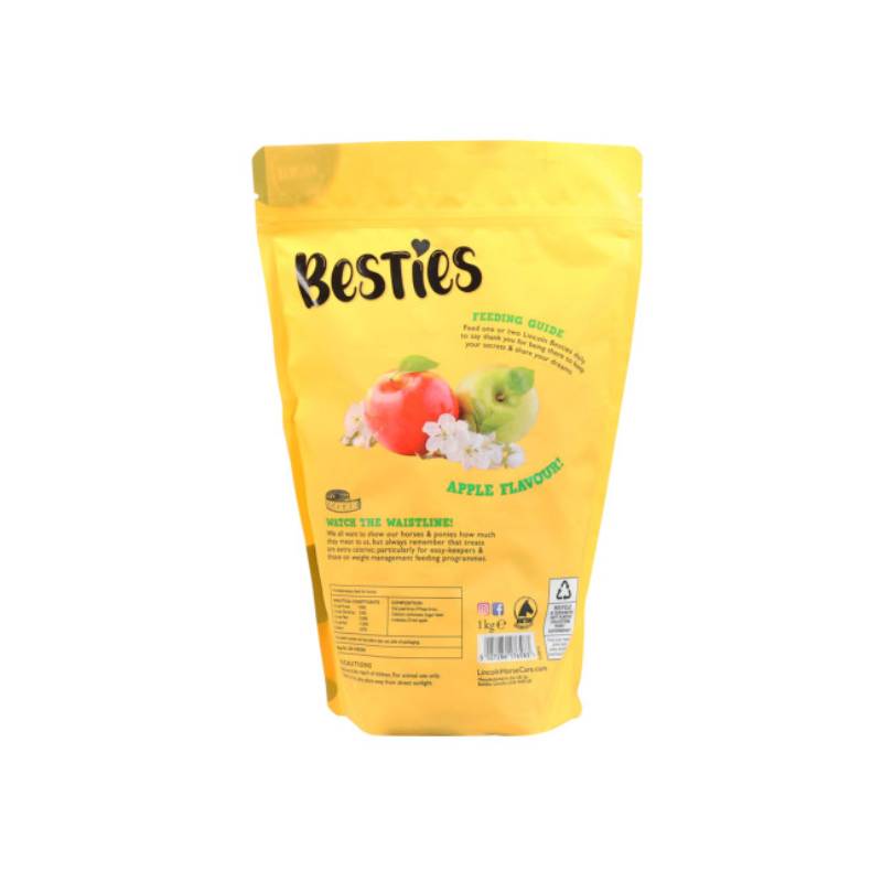 Yellow bag of Lincoln Besties Apple Treats 1kg for horses with two treats in front.