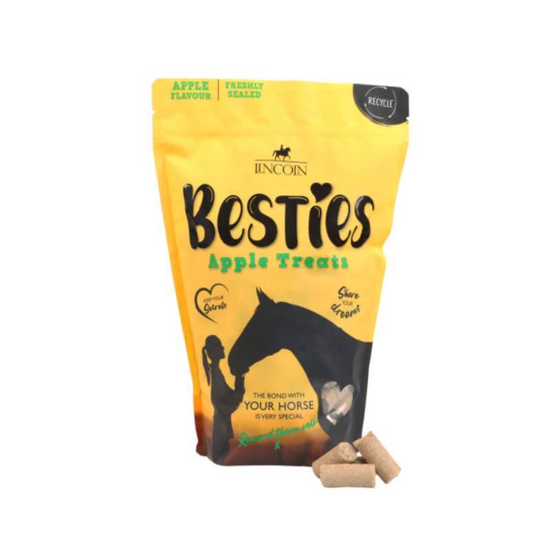Yellow bag of Lincoln Besties Apple Treats 1kg for horses with two treats in front.