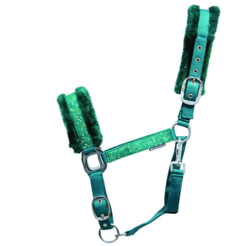 Brown horse in a Hy Dazzle Headcollar Alpine Green, standing outdoors by green bushes.
