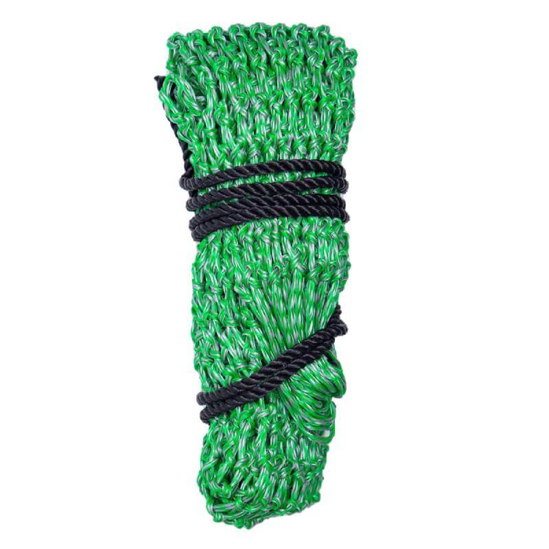 Hy Equestrian Slow Flow Haynet Grey/Green with black rope on a white background.