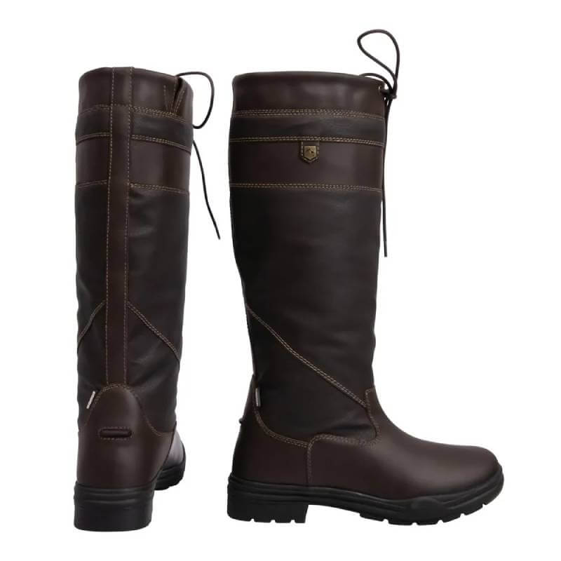 Hy Equestrian Hy Tideswell Childs Country Boots in brown with laces and yellow stitching.