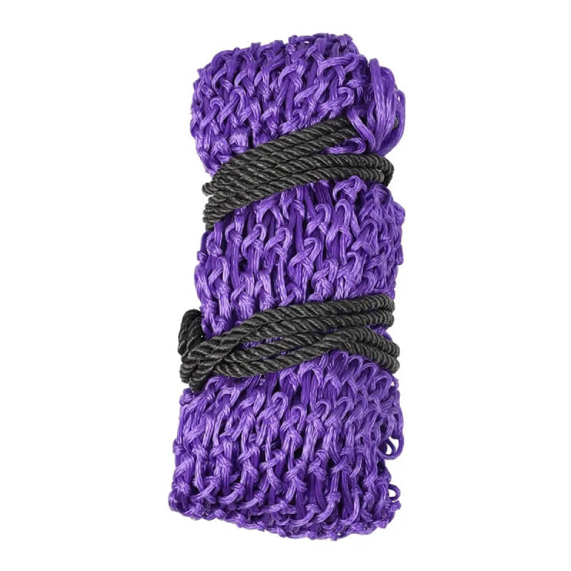 Hy Equestrian Slow Flow Haynet Purple, rolled up and secured with black rope.