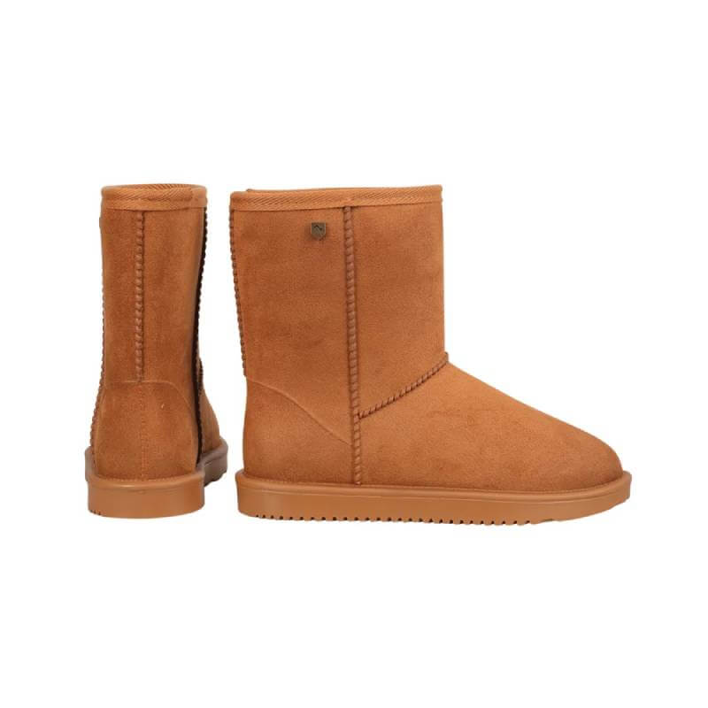 Hy Equestrian Hy Chisworth Camel waterproof fleece boots, one facing forward, one backward.