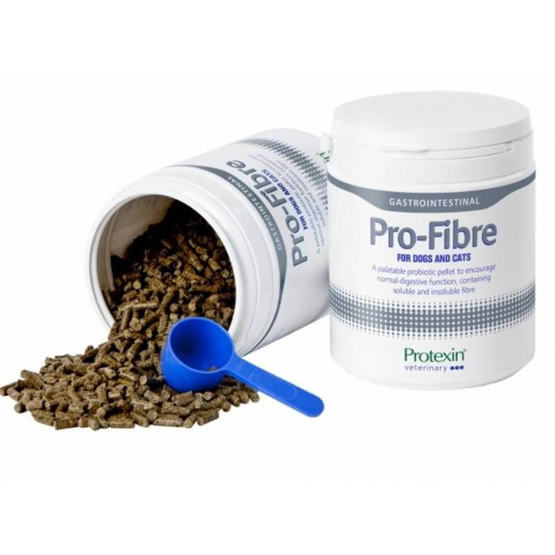 Protexin Pro Fibre Dog & Cat Pellets 500g spilled from a blue scoop.