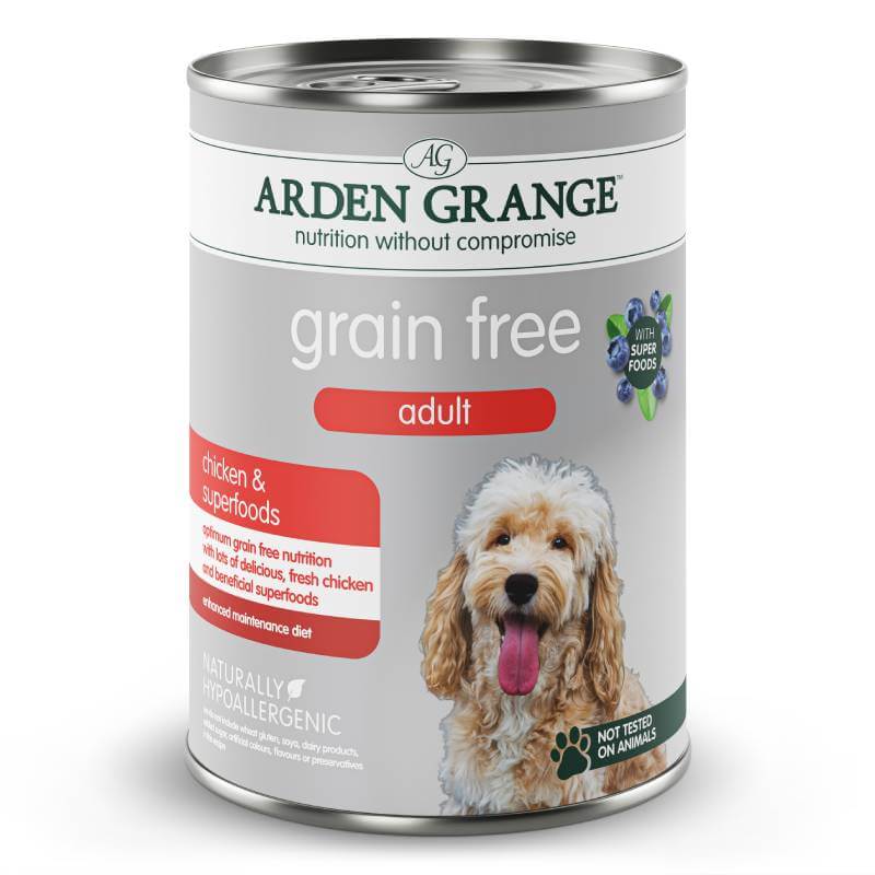 Arden Grange Grain Free Adult Dog Chicken & Superfoods 395g can with a happy dog on the label.