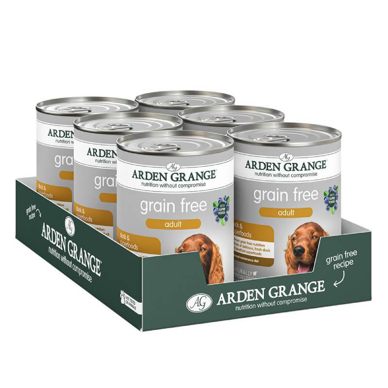Arden Grange Grain Free Adult Dog Duck & Superfoods 6x395g in a green tray.