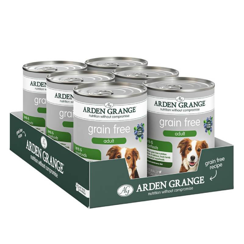 Six cans of Arden Grange Grain Free Adult Dog Lamb & Superfoods 6x395g in a green tray.