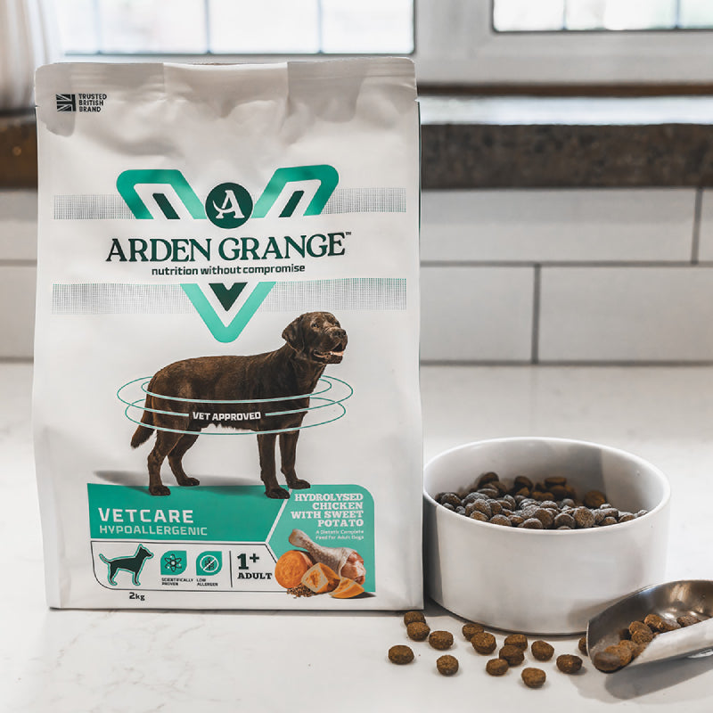 Arden Grange VetCare Hypoallergenic Dog Dry Food bag with a brown dog on the packaging.