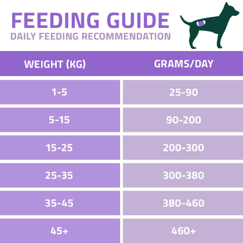 Purple chart shows daily grams by weight for Arden Grange VetCare Renal Dog Dry Food.
