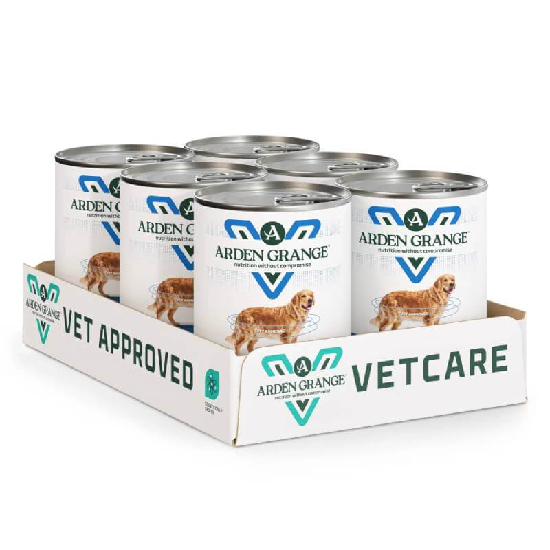 Six Arden Grange VetCare Joint Care Dog Cans 6x395g in an open tray.