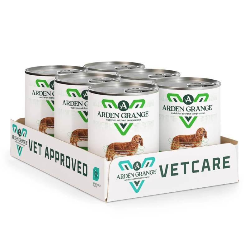 Six cans of Arden Grange VetCare Weight Control dog food in a white tray.