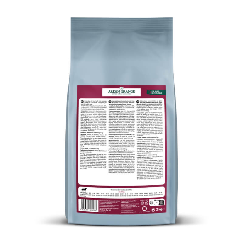 Back of Arden Grange Sensitive GF Adult Dog Venison & Superfoods bag with text and guidelines.