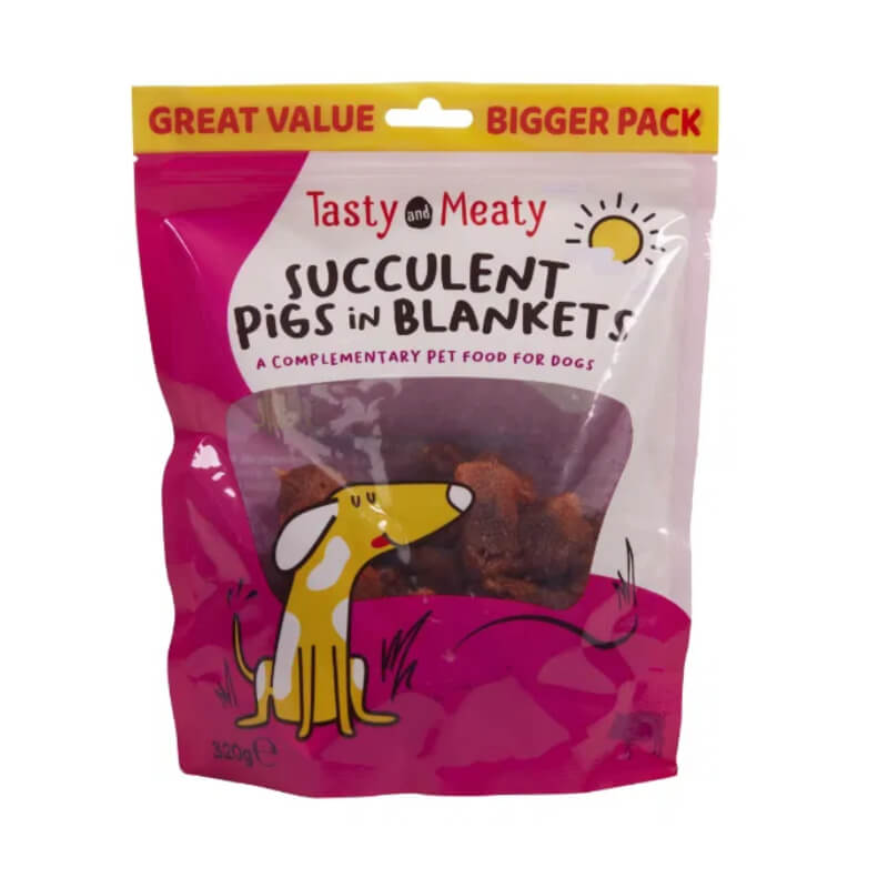 Tasty and Meaty Succulent Pigs In Blankets for Dogs 320g with fun cartoon dog illustration.