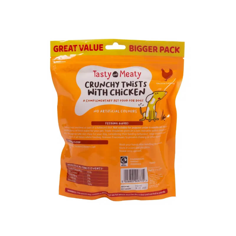 Tasty and Meaty Chewy Twists with Chicken for Dogs 320g, orange pack with cartoon dog.
