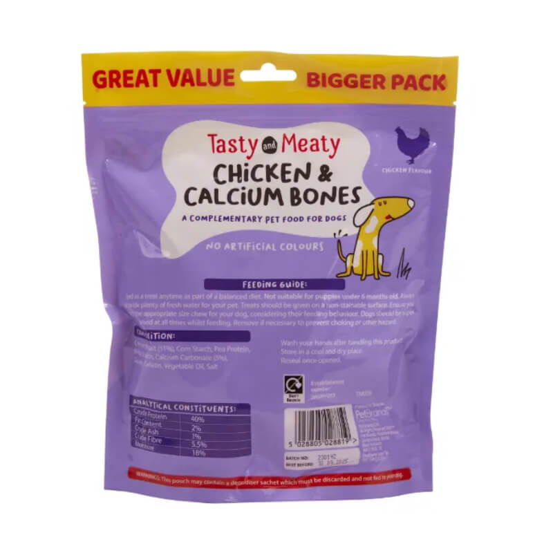 Tasty and Meaty Chicken & Calcium Bones for Dogs 350g, back view, purple pack.