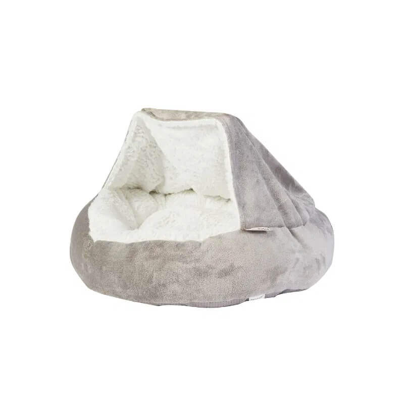 Dream Paws Cozy Hideaway Snuggle Pet Bed with a soft, hooded cover for a cozy retreat.