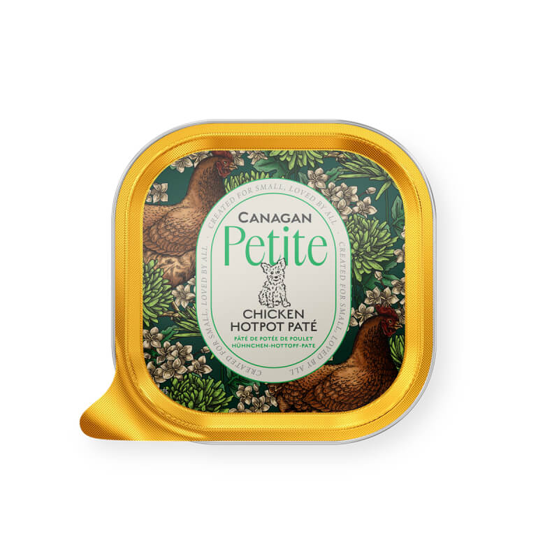 Canagan Petite Chicken Hotpot Pate for Dogs 100g in a square container with gold rim, green label.
