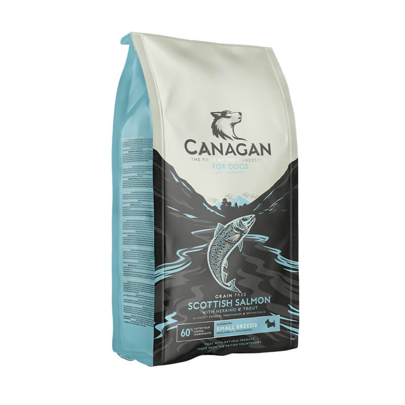 Canagan Small Breed Scottish Salmon dog food, grain free, with fish and mountain design.