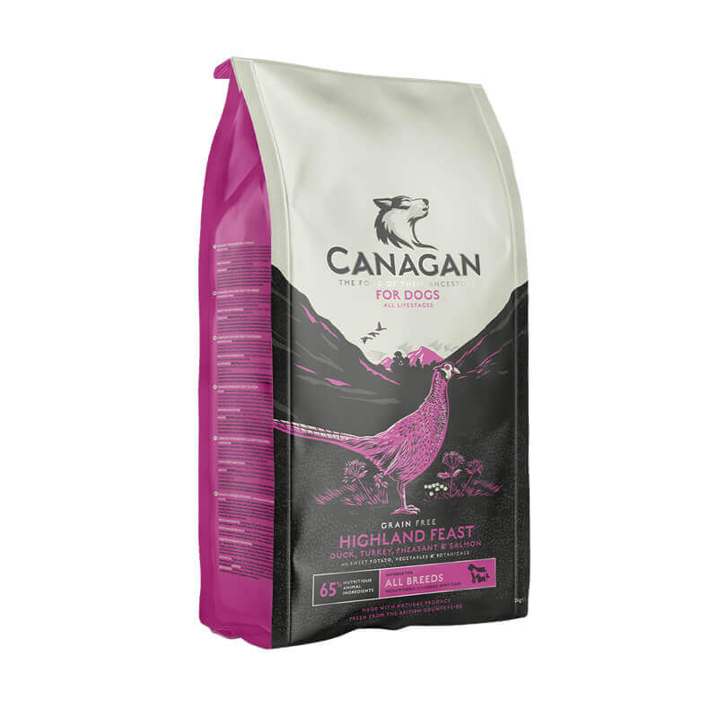 Canagan Highland Feast Dogs grain-free dog food with bird, mountain, and high meat content.