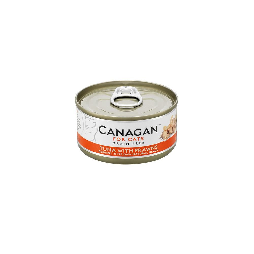 Canagan Grain Free Wet Cat Food can with tuna & prawns, orange label on white.