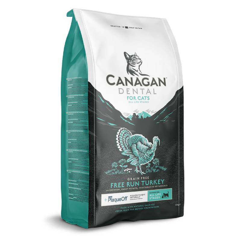 Canagan Dental Dry Cat Food Free Run Turkey helps reduce plaque for cats of all ages.
