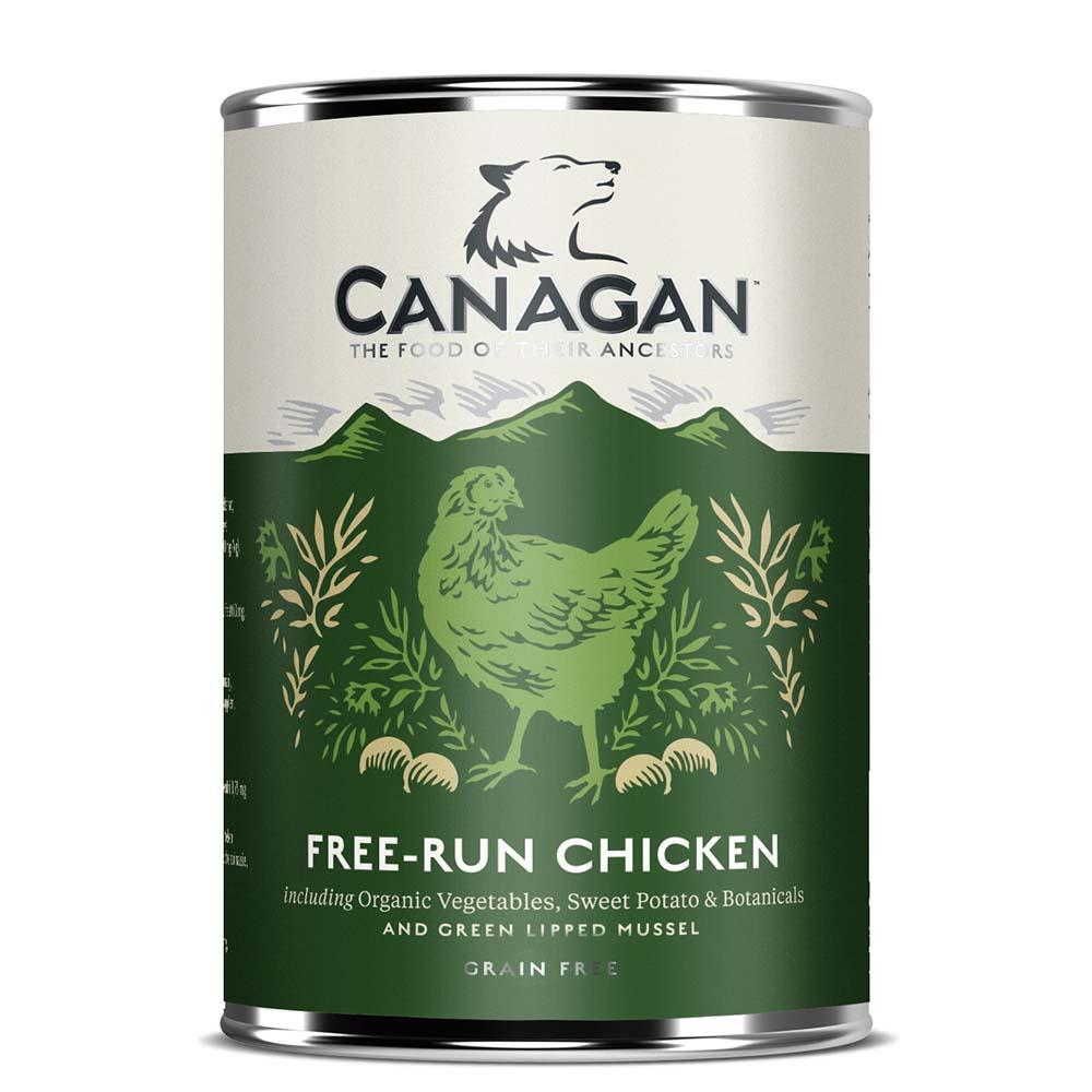 Canagan Wet Dog Food can with chicken illustration and green foliage.