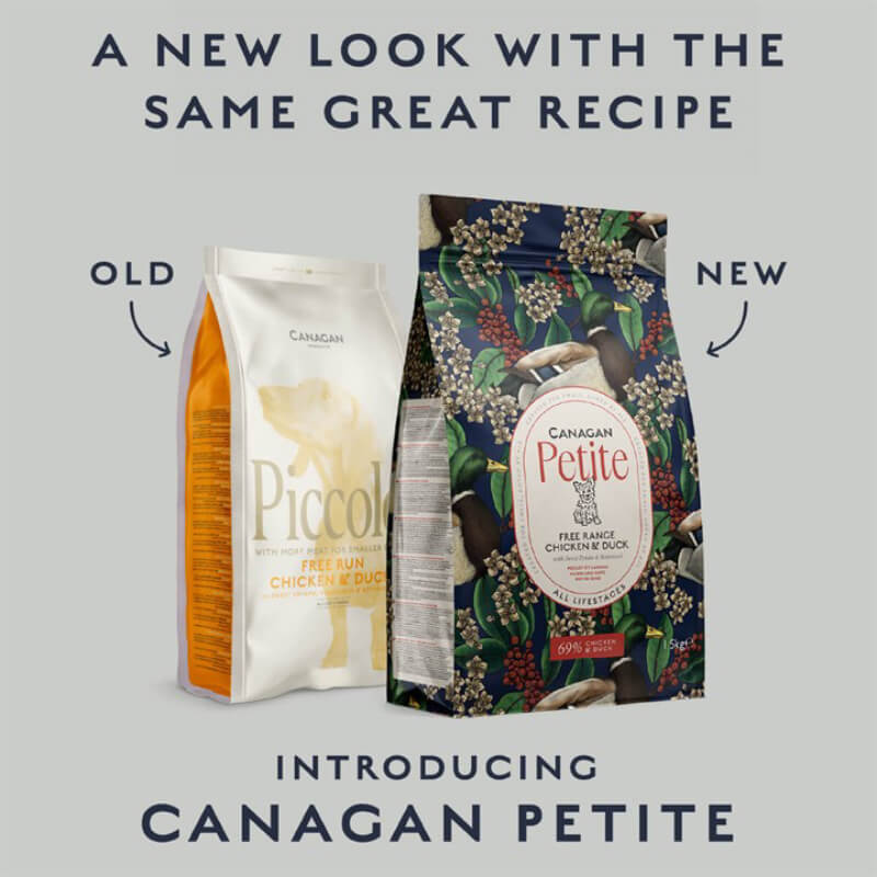 Two bags of Canagan Petite Chicken & Duck Dog Dry Food, old and new packaging shown.