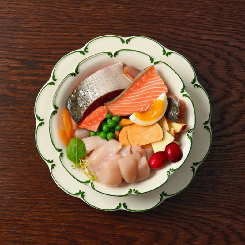 A plate of Canagan Petite Chicken & Salmon Dog Dry Food with ancestral diet vegetables.