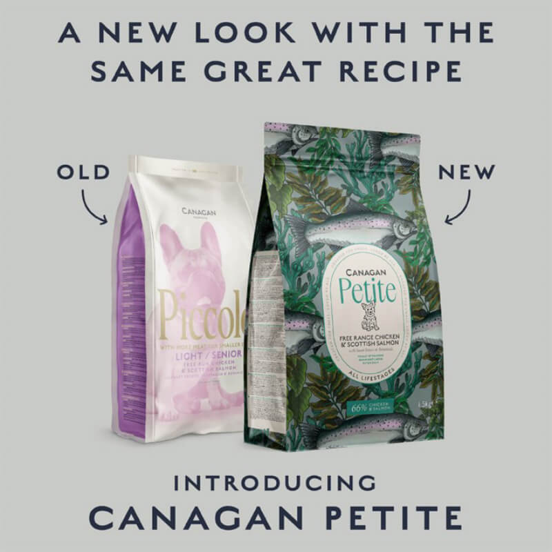 Two Canagan Petite Chicken & Salmon Dog Dry Food bags show old vs new high meat content packs.