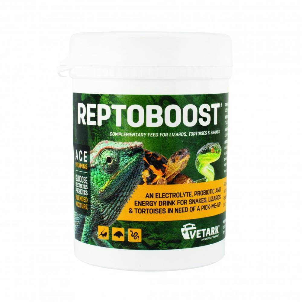 A white Vetark Reptoboost 100g container, an electrolyte supplement for lizards and snakes.