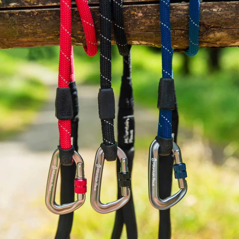 Three Mountain Paws Rope Dog Leads hang from a wooden branch outdoors.