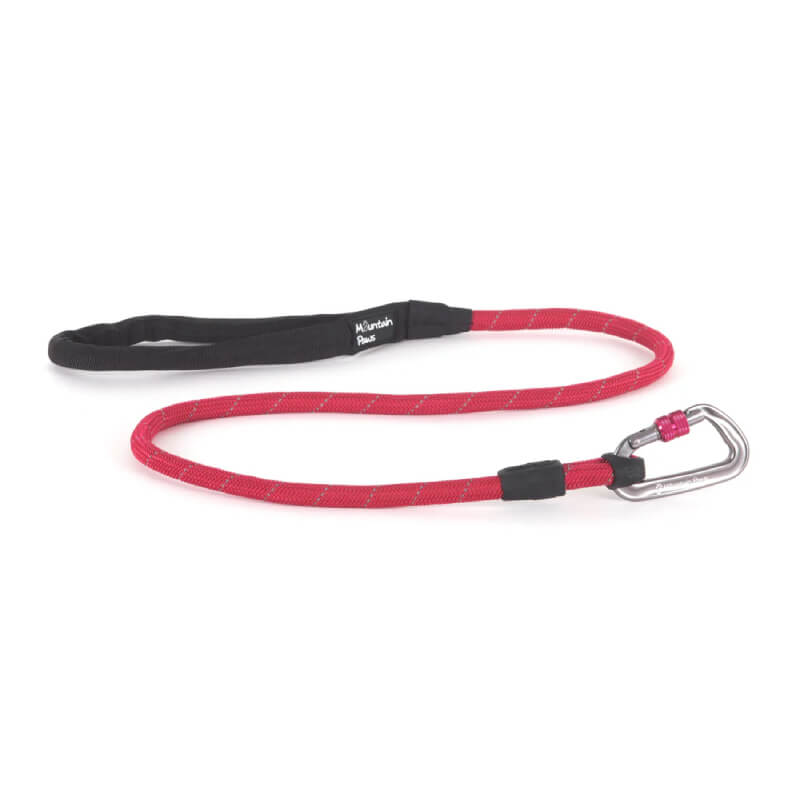 Mountain Paws Rope Dog Lead with reflective rope, black handle, and metal carabiner clip.