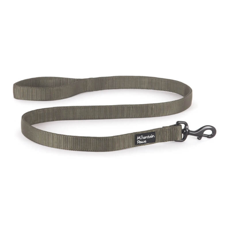 Mountain Paws Extra Tough Dog Lead, olive green nylon with metal clip and label.