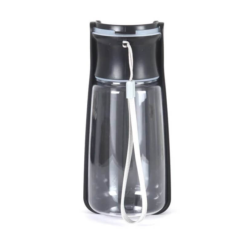 Mountain Paws Folding Dog Water Bottle with black lid and white strap, standing upright.