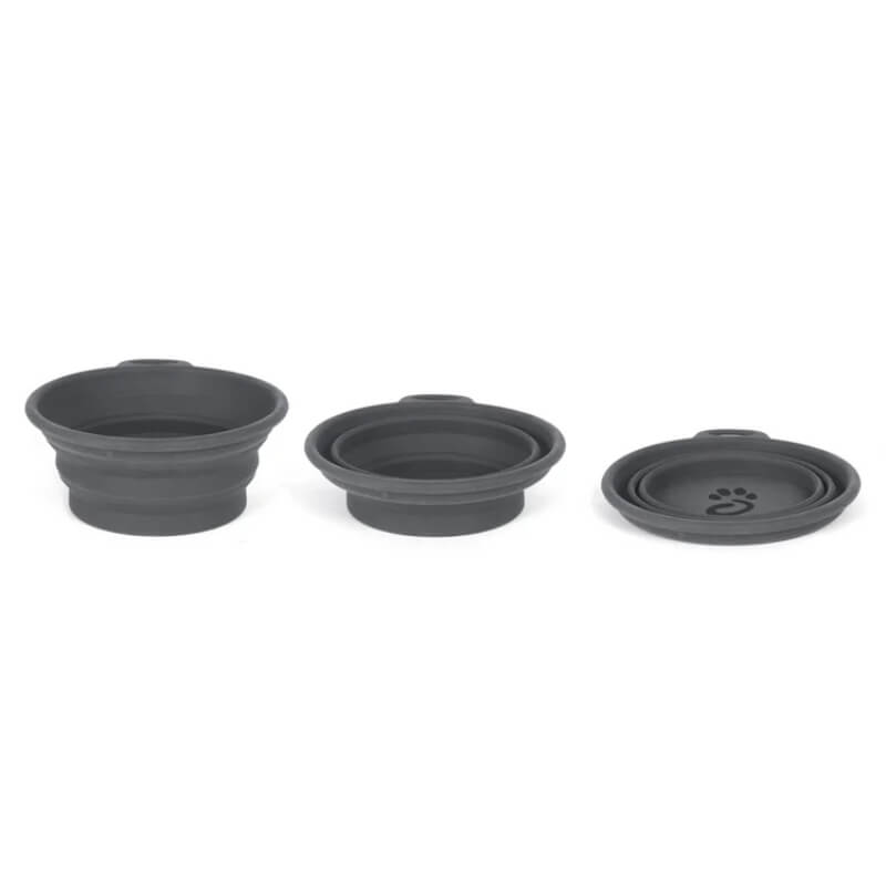 Mountain Paws Collapsible Silicone Dog Bowls shown fully open, half collapsed, and collapsed.
