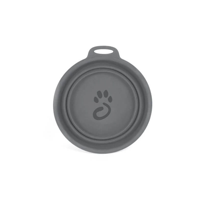 Gray silicone can cover with paw print, pairs well with Mountain Paws Collapsible Dog Bowl.