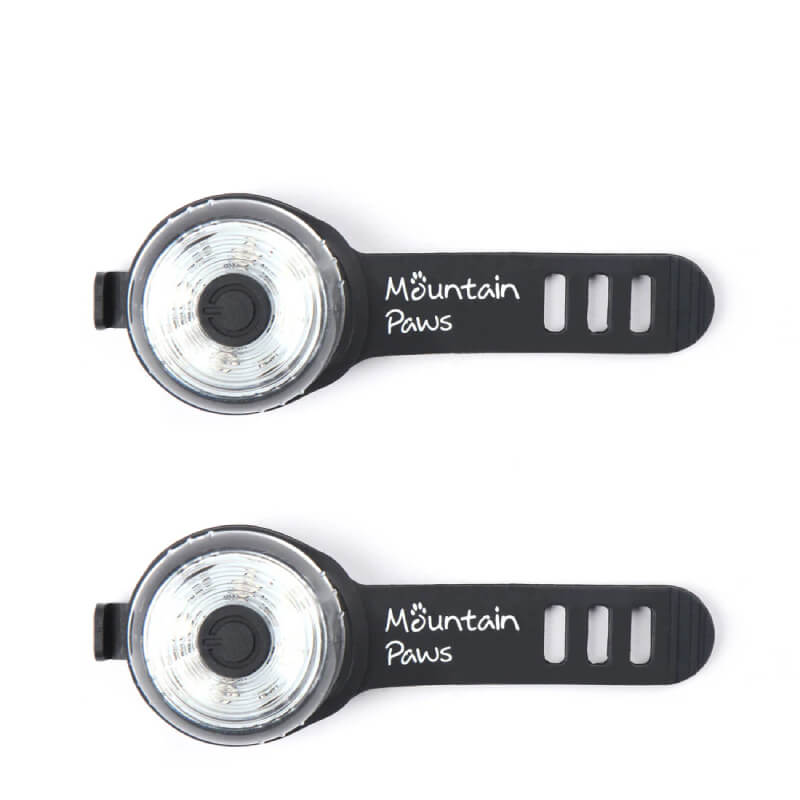 Two Mountain Paws Dog Safety Lights, black and circular, with adjustable straps (2 pack).