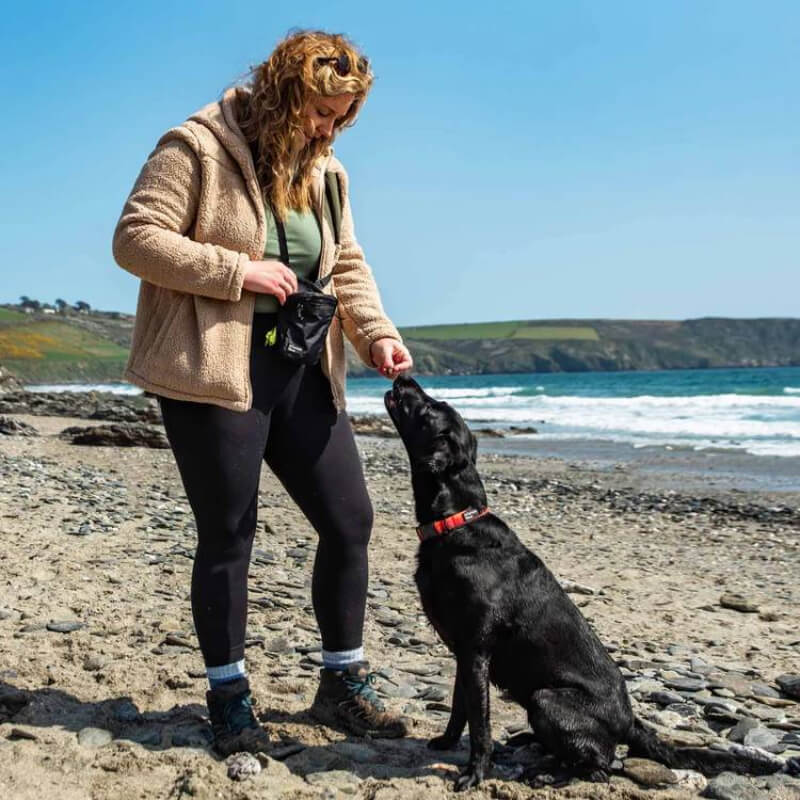 Woman gives treat to black dog on rocks with Mountain Paws Dog Snack Pack.