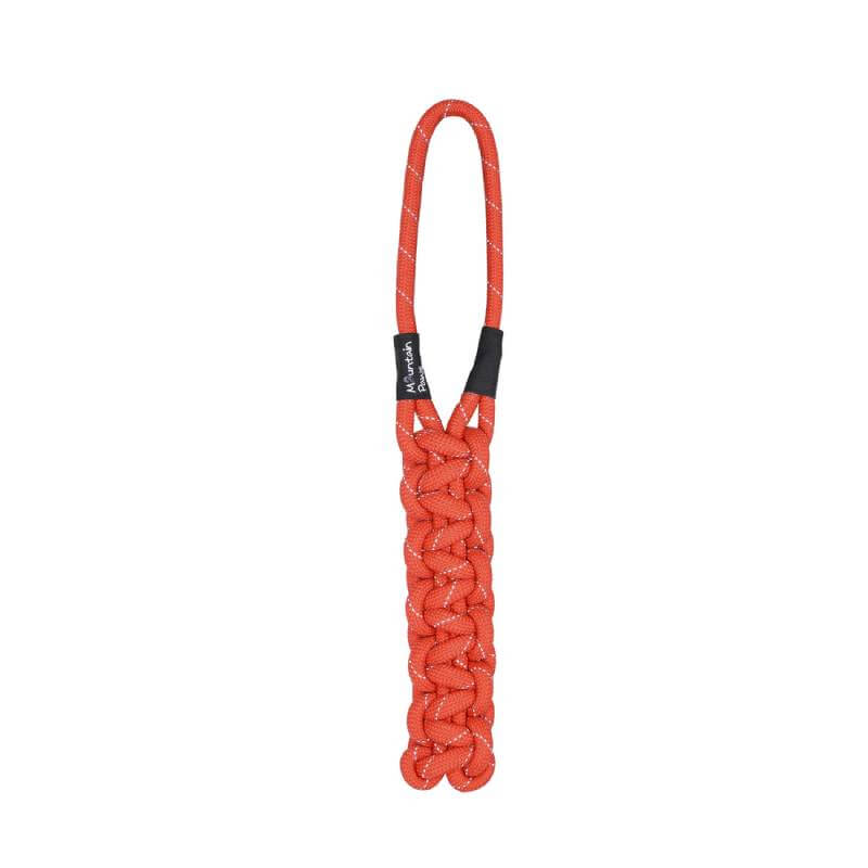 Mountain Paws Braided Chew Rope Dog Toy Orange with handle and black tag on white background.
