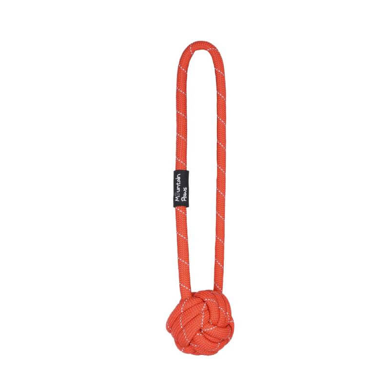Mountain Paws Ball Chew Rope Dog Toy Orange: durable rope with loop handle and knotted ball.