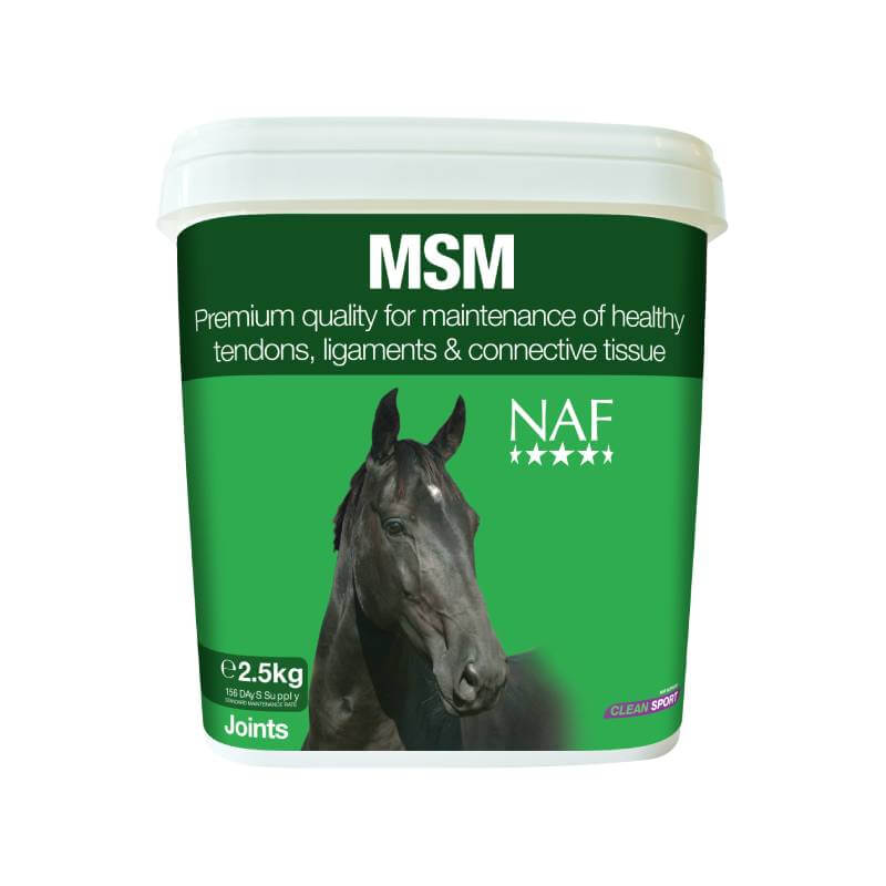 NAF MSM horse joint supplement in a green tub for equine health, with white text and black horse.