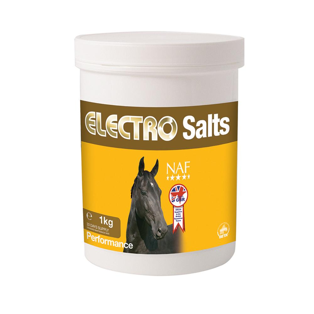 White tub of NAF Electro Salts 1kg, an electrolyte supplement for horses.