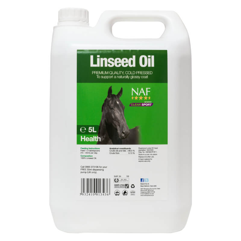 NAF Linseed Oil 5L for horses with omega 3, black horse label, by NAF.