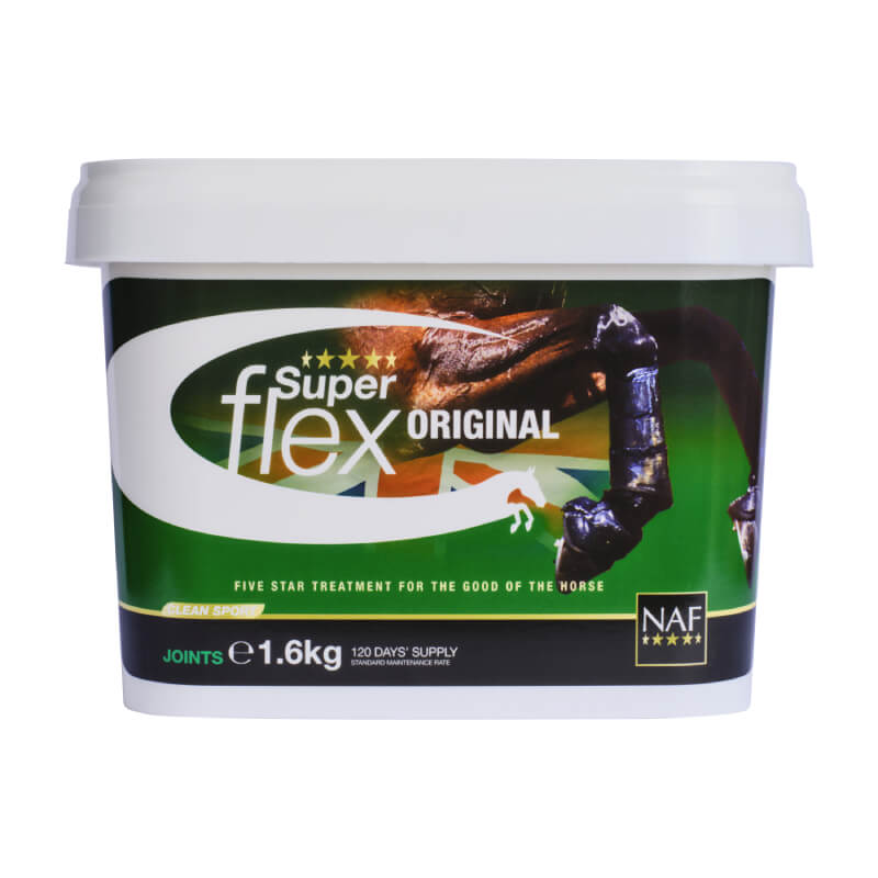 NAF Five Star Superflex horse joint supplement 1.6kg tub, green background.