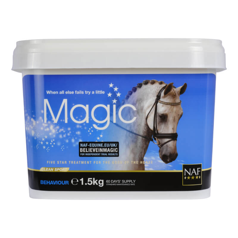 NAF Magic Powder in a white tub, horse calming supplement, blue background, product details visible.