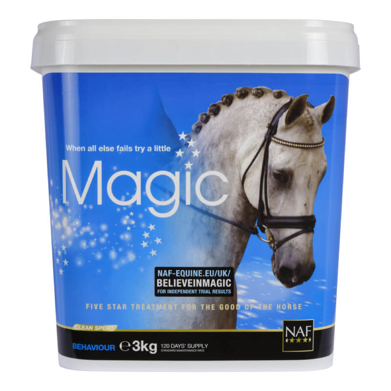 White horse on blue NAF Magic Powder container, 3kg magnesium supplement for horses.